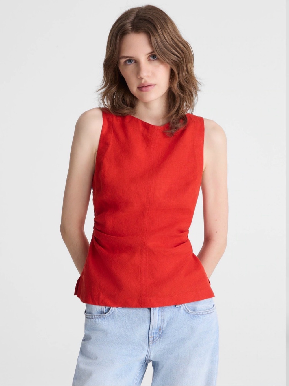 Madewell Red Cinched Boatneck Sleeveless Top 100% Linen Sz 6 NWOT $98